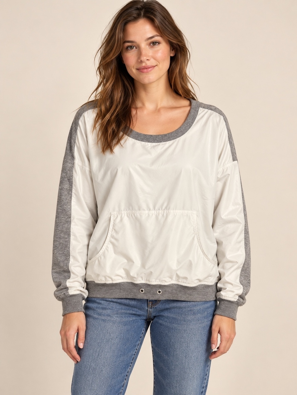 Madewell White Gray Mixed Media Kangaroo Pocket Sweatshirt Small